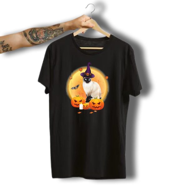 Siamese Cat Halloween Witch Hat Pumpkin Moon Bat T Shirt t shirt 1
