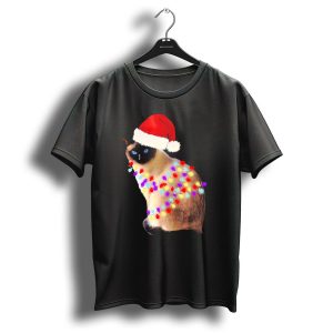 Siamese Cat Wrapped In Christmas Lights Wearing Santa Hat T Shirt