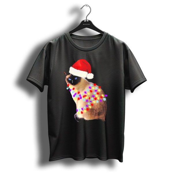 Siamese Cat Wrapped In Christmas Lights Wearing Santa Hat T Shirt 1 t shirt 1