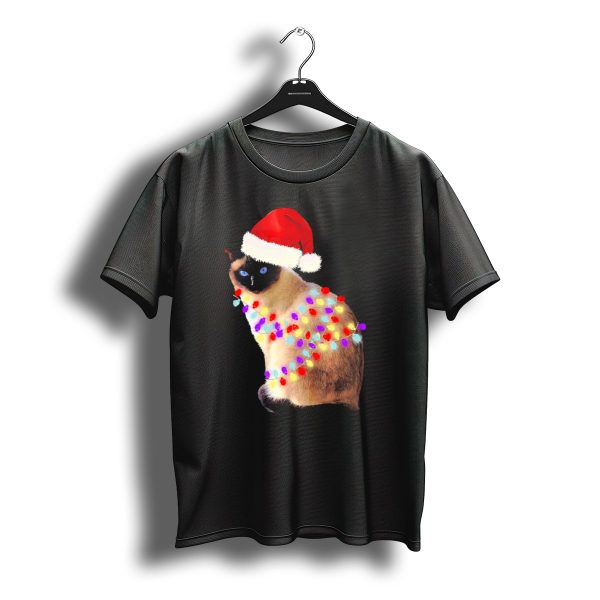Siamese Cat Wrapped In Christmas Lights Wearing Santa Hat T Shirt t shirt 1