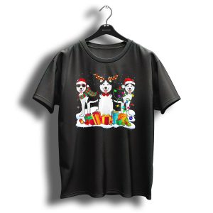 Siberian Huskies Christmas Santa Hat Reindeer Antlers Snowflakes Presents Lights Holiday Scene T Shirt