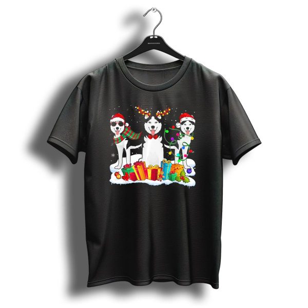 Siberian Huskies Christmas Santa Hat Reindeer Antlers Snowflakes Presents Lights Holiday Scene T Shirt 1 t shirt 1