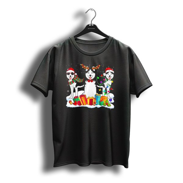 Siberian Huskies Christmas Santa Hat Reindeer Antlers Snowflakes T Shirt t shirt 1