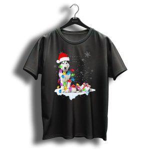 Siberian Husky Christmas Lights Santa Hat Snowflakes Present T Shirt