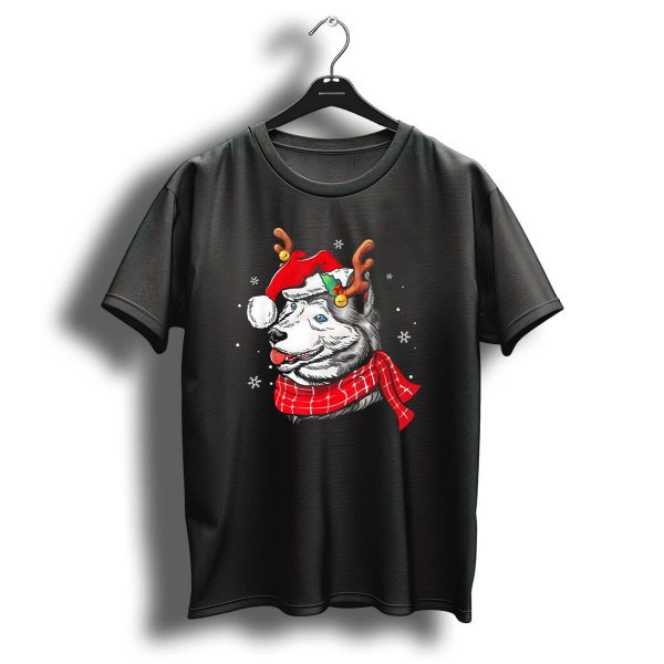 Siberian Husky Christmas Reindeer With Santa Hat And Scarf T Shirt 1 t shirt 1