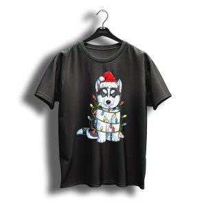 Siberian Husky Christmas Santa Hat Wrapped In Xmas Lights T-Shirt