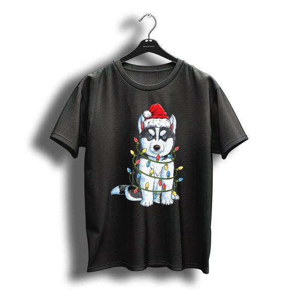 Siberian Husky Christmas Santa Hat Wrapped In Xmas Lights T Shirt t shirt 1
