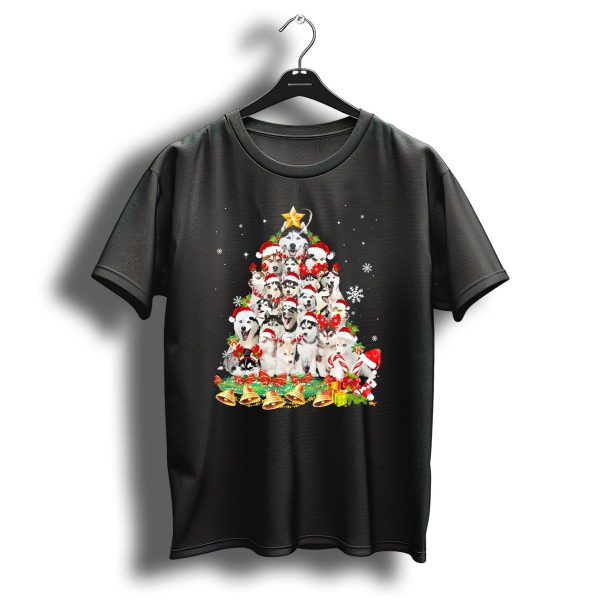 Siberian Husky Christmas Tree With Santa Hats And Bell Decorations T Shirt 1 t shirt 1
