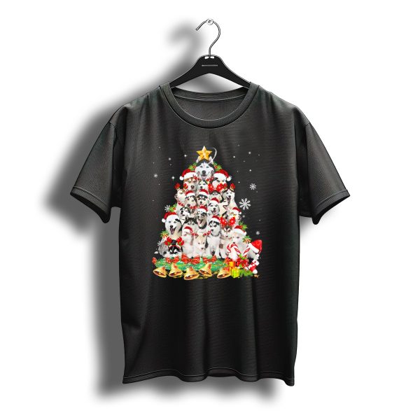 Siberian Husky Christmas Tree With Santa Hats And Bell Decorations T Shirt t shirt 1