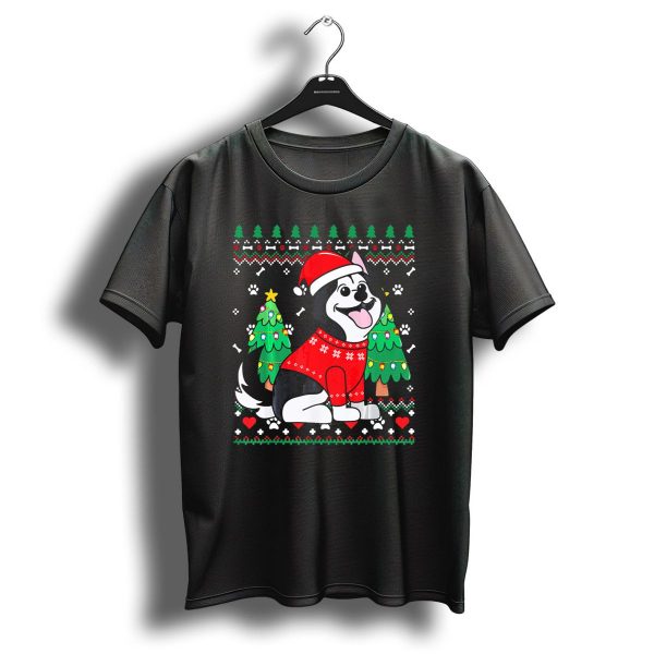 Siberian Husky In Santa Hat With Christmas Trees And Paws T Shirt 1 t shirt 1