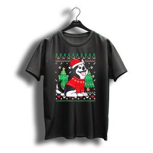 Siberian Husky In Santa Hat With Christmas Trees And Paws T-Shirt