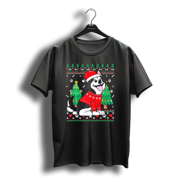 Siberian Husky In Santa Hat With Christmas Trees And Paws T Shirt t shirt 1