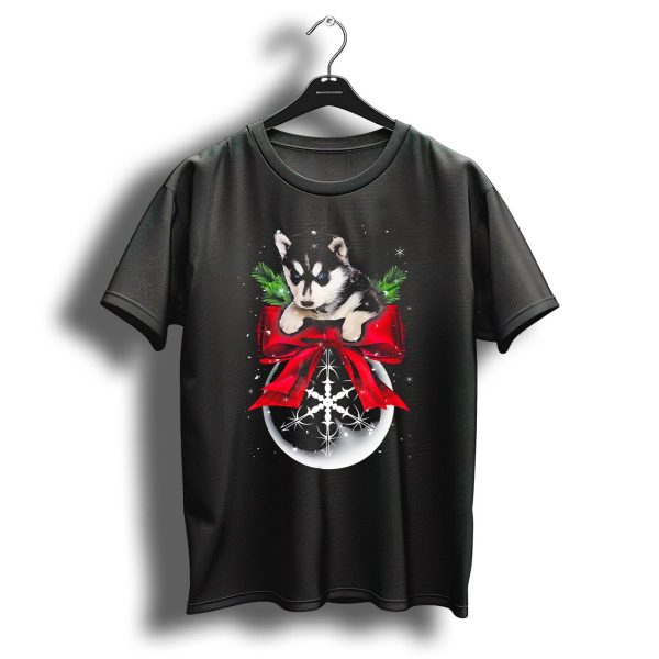 Siberian Husky Puppy Christmas Bauble With Red Bow And Snowflake T Shirt 1 t shirt 1