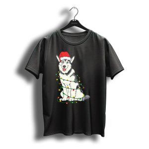 Siberian Husky Santa Claus Hat Merry Christmas Lights T-Shirt