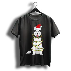 Siberian Husky Santa Hat Christmas Lights Holiday T Shirt