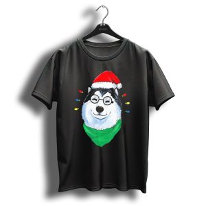 Siberian Husky With Santa Hat And Christmas Lights T Shirt