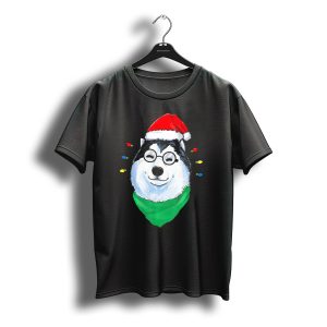 Siberian Husky With Santa Hat And Christmas Lights T-Shirt