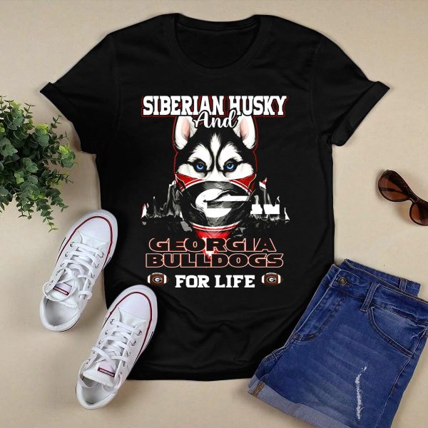 Siberian Husky and Georgia Bulldogs for Life T Shirt 1