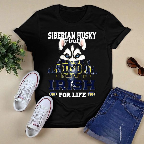 Siberian Husky and Irish ND for Life Notre Dame Fighting Irish T Shirt Black 1