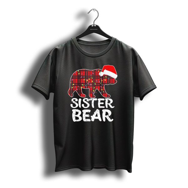 Sister Bear Red Plaid Christmas Paj With Santa Hat And Lights T Shirt t shirt 1