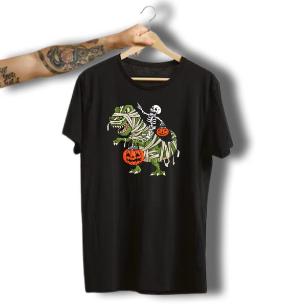 Skeleon Riding Mummy Rex Trick Or Treat Halloween Pumpkin T Shirt t shirt 1