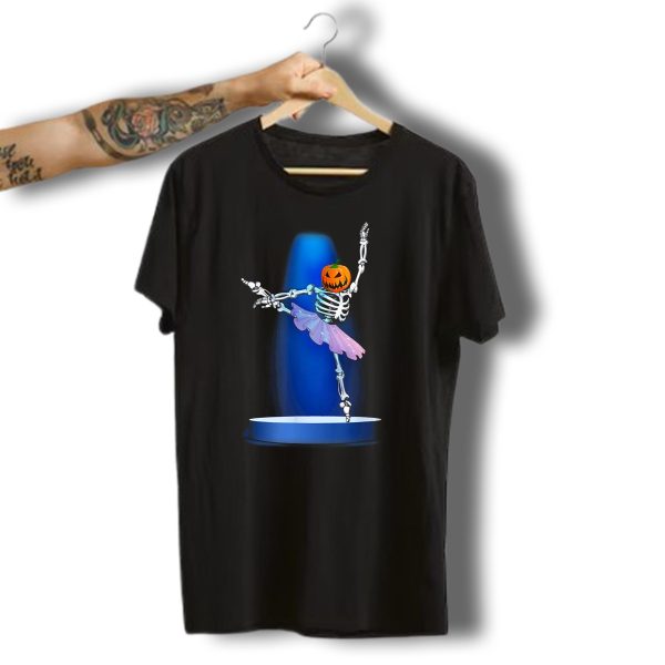Skeleton Ballerina With Pumpkin Head In Halloween Ballet Pose T Shirt t shirt 1