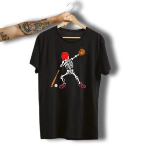 Skeleton Dabbing In Red Cap With Baseball Bat And Glove Halloween T-Shirt