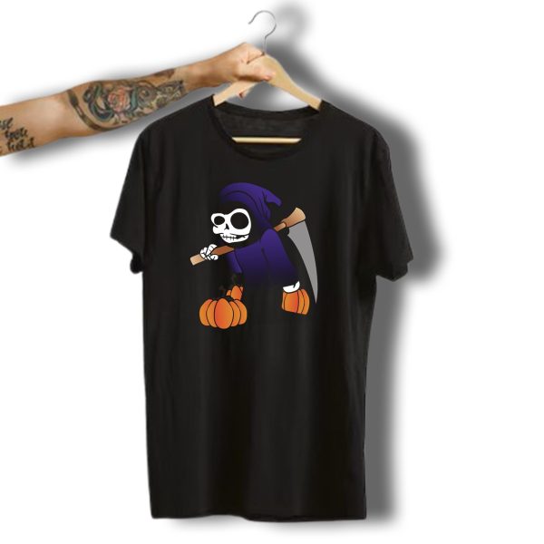 Skeleton Grim Reaper With Scythe And Pumpkins Halloween Monster Zombie Horror T Shirt t shirt 1