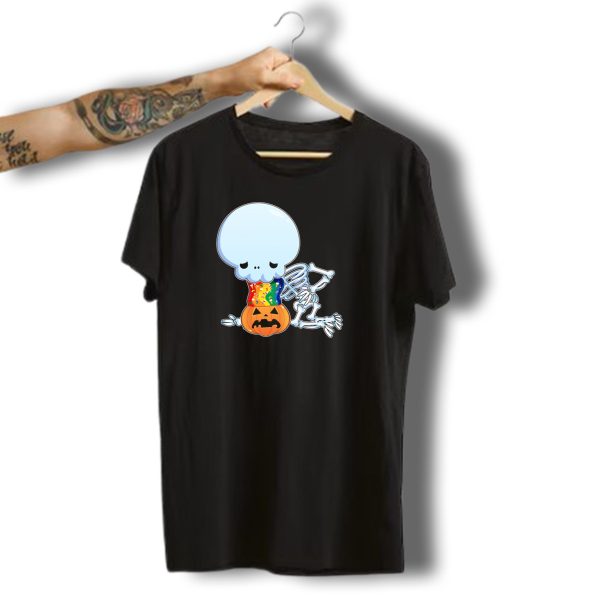 Skeleton Halloween Pumpkin Vomiting Rainbow Candy T Shirt t shirt 1