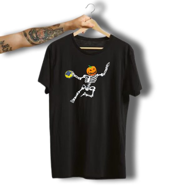 Skeleton Handball Player With Halloween Pumpkin Head T Shirt t shirt 1