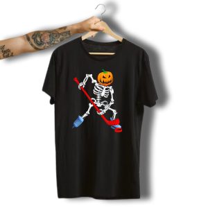 Skeleton Ice Hockey Halloween Pumpkin Player With Stick And Puck T-Shirt