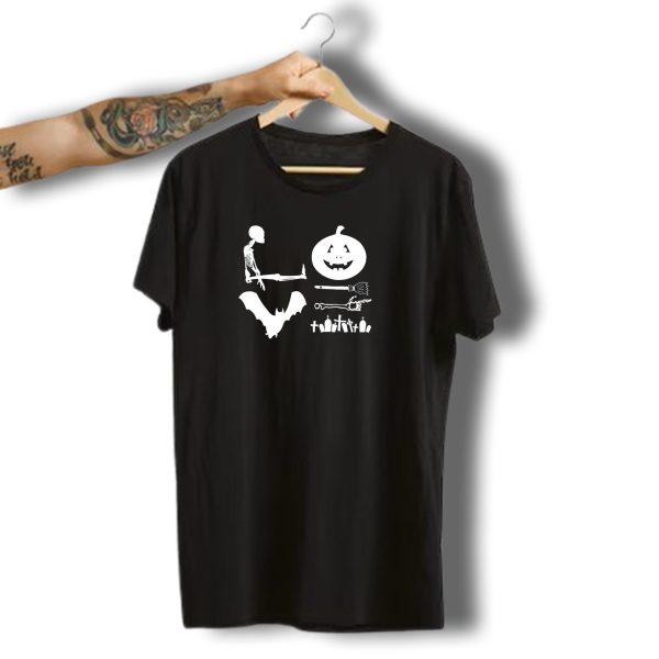Skeleton Pumpkin Bat Witch Broom Spooky Tombstones Halloween Party T Shirt t shirt 1