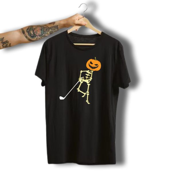 Skeleton Pumpkin Head Playing Golf Funny Halloween Humor T Shirt t shirt 1