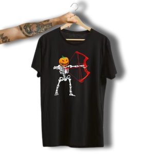 Skeleton Pumpkin Head With Red Bow Archery Halloween T-Shirt
