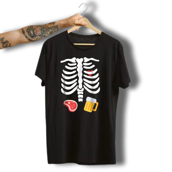 Skeleton Ribs Heart Steak Beer Funny Halloween T Shirt t shirt 1