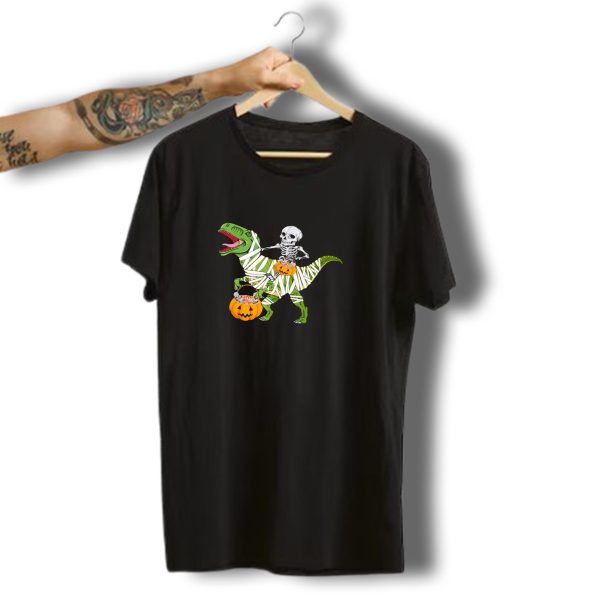 Skeleton Riding Mummy T Rex With Halloween Pumpkins T Shirt t shirt 1