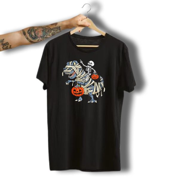 Skeleton Riding Mummy T Rex With Pumpkin Candy Buckets Halloween Bo T Shirt t shirt 1