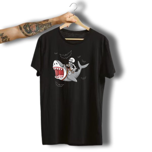 Skeleton Riding Shark Funny Halloween Bat T Shirt t shirt 1