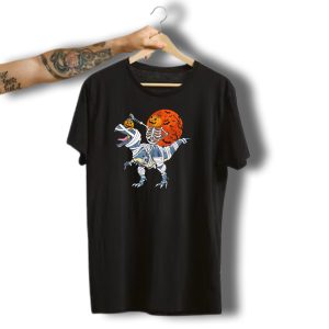 Skeleton Riding T Rex With Jack O Lanterns Funny Halloween Moon T-Shirt