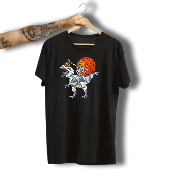 Skeleton Riding T Rex With Jack O Lanterns Funny Halloween Moon T Shirt t shirt 1