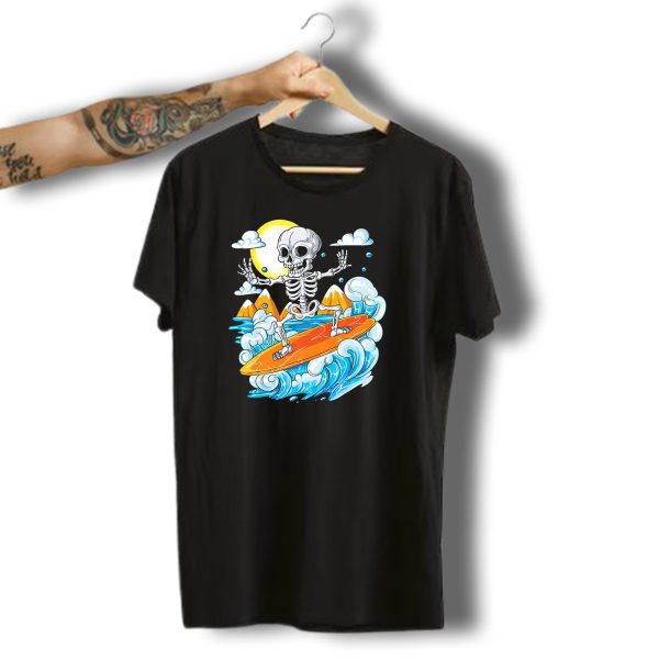 Skeleton Surfing Halloween On Hawaiian Waves With Sun And Clouds T Shirt 1 t shirt 1