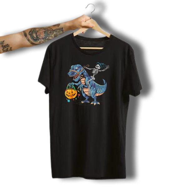 Skeleton With Candy Pumpkin Riding Rex Halloween T Shirt t shirt 1
