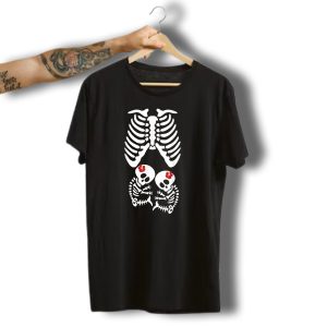 Skeleton Xray Twins Halloween Pregnant Hibiscus Flowers T-Shirt