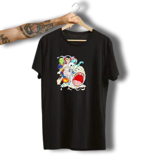 Skeleton Zombie Riding Mummy Shark Vampire Halloween Pumpkin Cartoon T Shirt t shirt 1