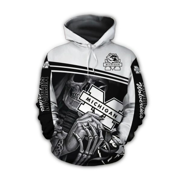 Skull Death Hold Michigan Wolverines White and Black AOP Hoodie 1