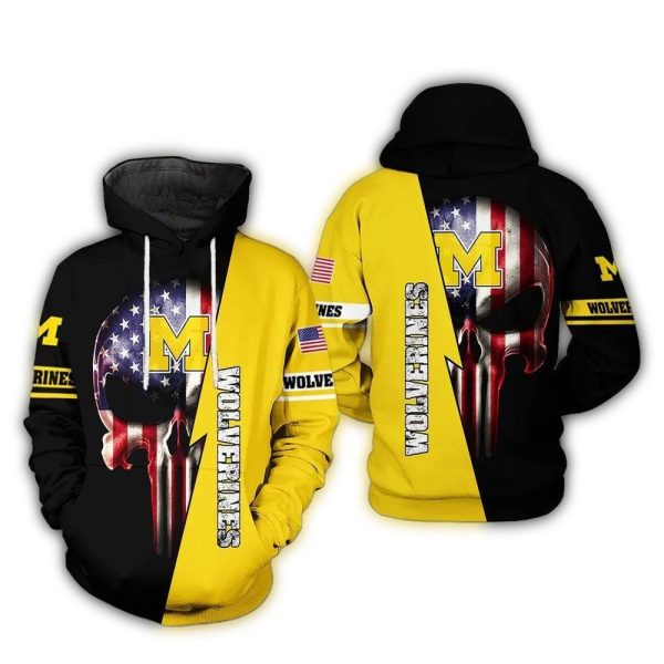 Skull Punisher With Flag American Michigan Wolverines AOP Hoodie 1