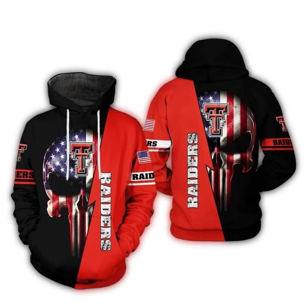 Skull Punisher With Flag American and Logo Texas Tech Red Raiders AOP Hoodie 1