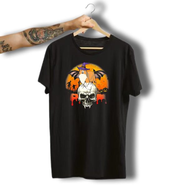 Skull With Sheltie Halloween Bat Wings Witch Hat Pumpkin Zombies Awesome Dog T Shirt t shirt 1