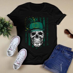 Skull With Oregon Ducks Cap On Green T-Shirt