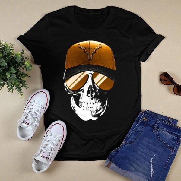 Skull with Texas Longhorns Cap and Sunglasses T Shirt Style 1 Black 1